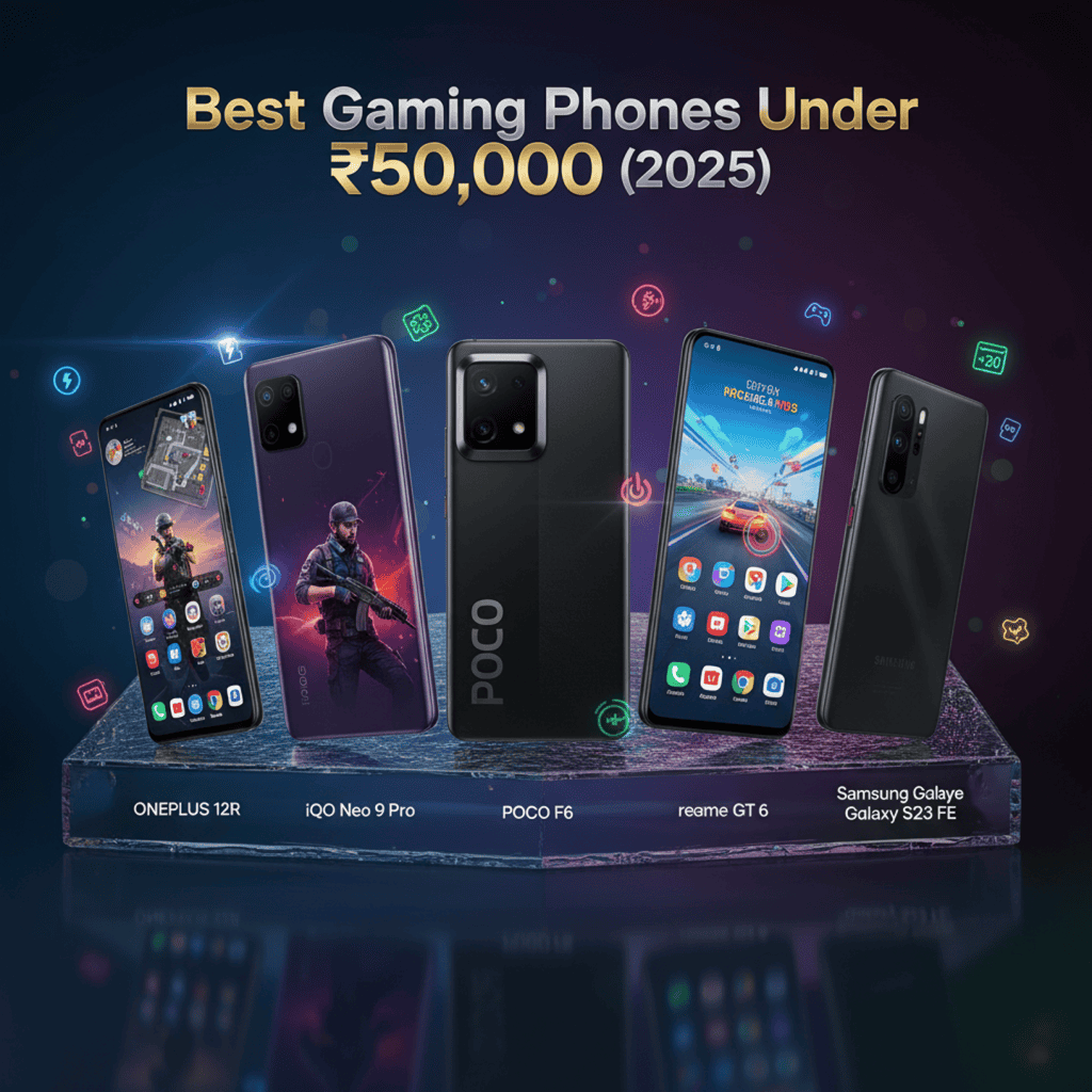 High-quality image of top gaming smartphones under ₹50,000 in 2025, showcasing POCO, Samsung Galaxy S23 FE, and more.