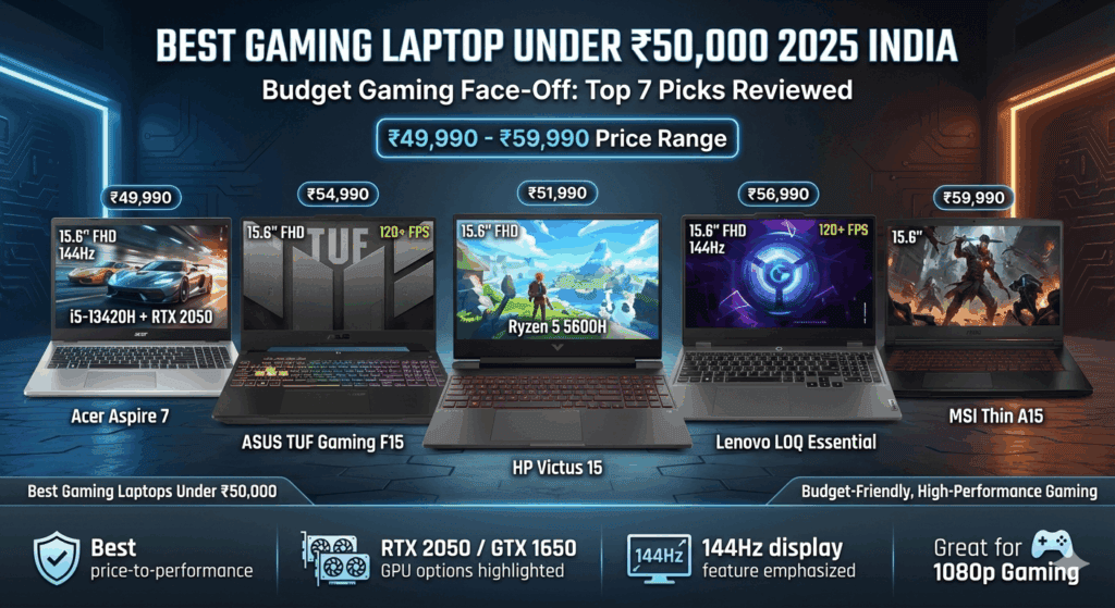 Best gaming laptop under ₹50,000 in India (2025): Acer Aspire 7, ASUS TUF F15, HP Victus 15, Lenovo LOQ Essential, MSI Thin A15 with 144Hz displays and RTX 2050/GTX 1650 options
