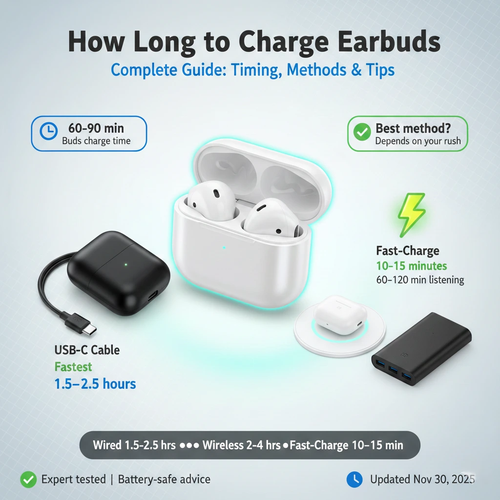 How long to charge earbuds featured image showing earbud case USB-C cable wireless pad timer 60-90 minutes charging guide comparison