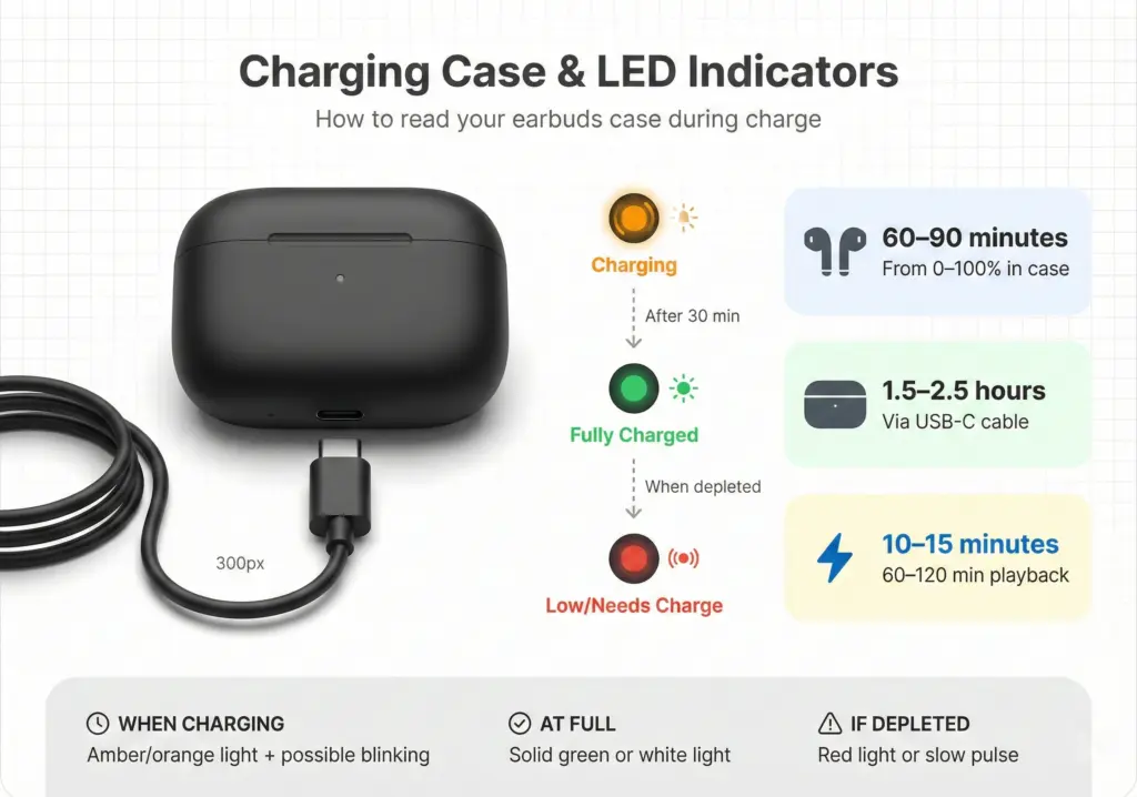 how long to charge earbuds USB-C case with indicator LEDs