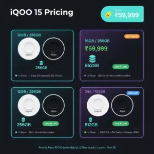 iQOO 15 pre-booking in India Legend and Alpha color options side by side