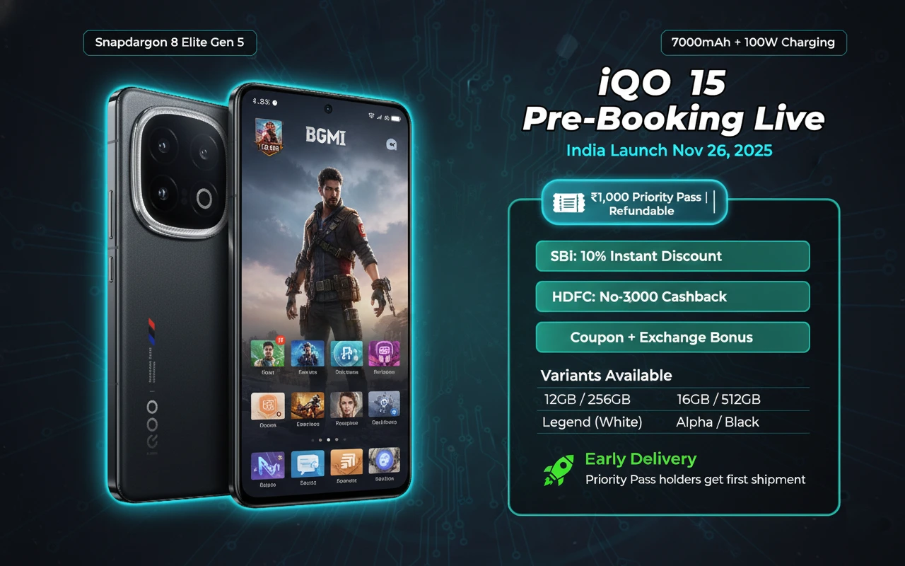 iQOO 15 pre-booking in India hero banner showing launch price ₹59,999,