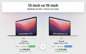 macbook air m4 black friday india price 2025 13-inch vs 15-inch comparison