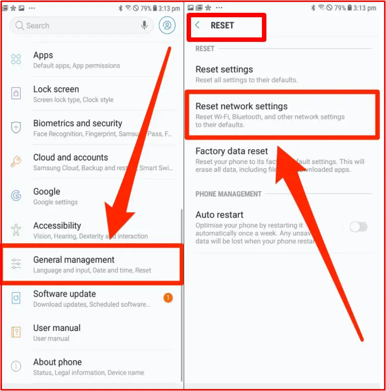 Android reset network settings menu path for signal problems