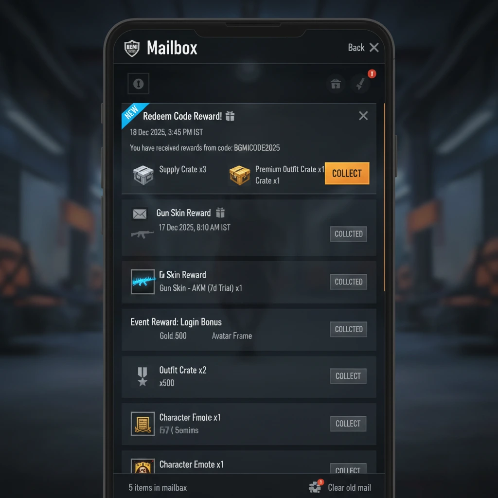 bgmi mailbox showing rewards from bgmi redeem codes today