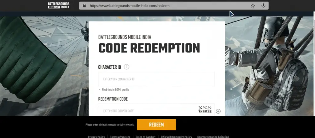 bgmi redeem code official website redemption centre page
