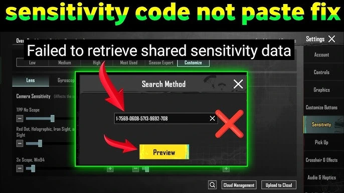 best BGMI sensitivity code import error troubleshooting screen