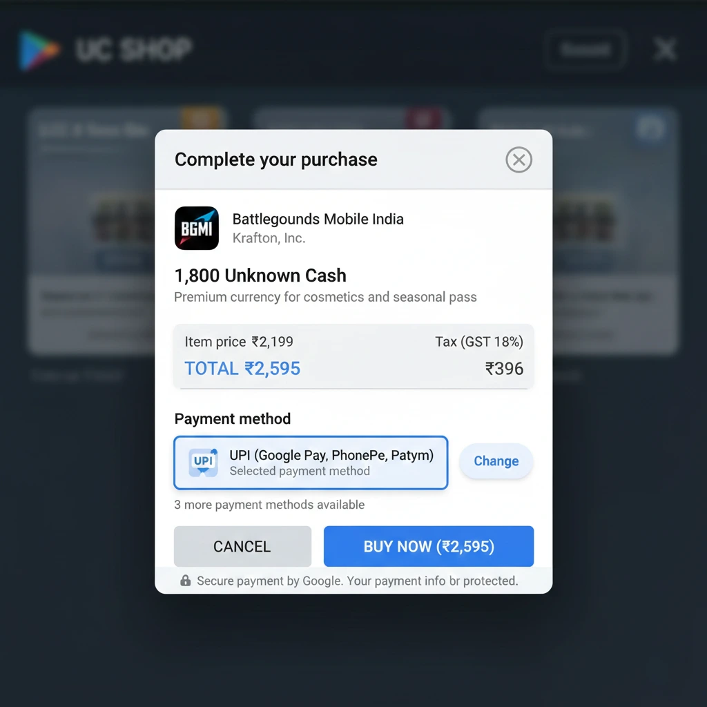 bgmi uc purchase confirmation in Google Play with UPI payment