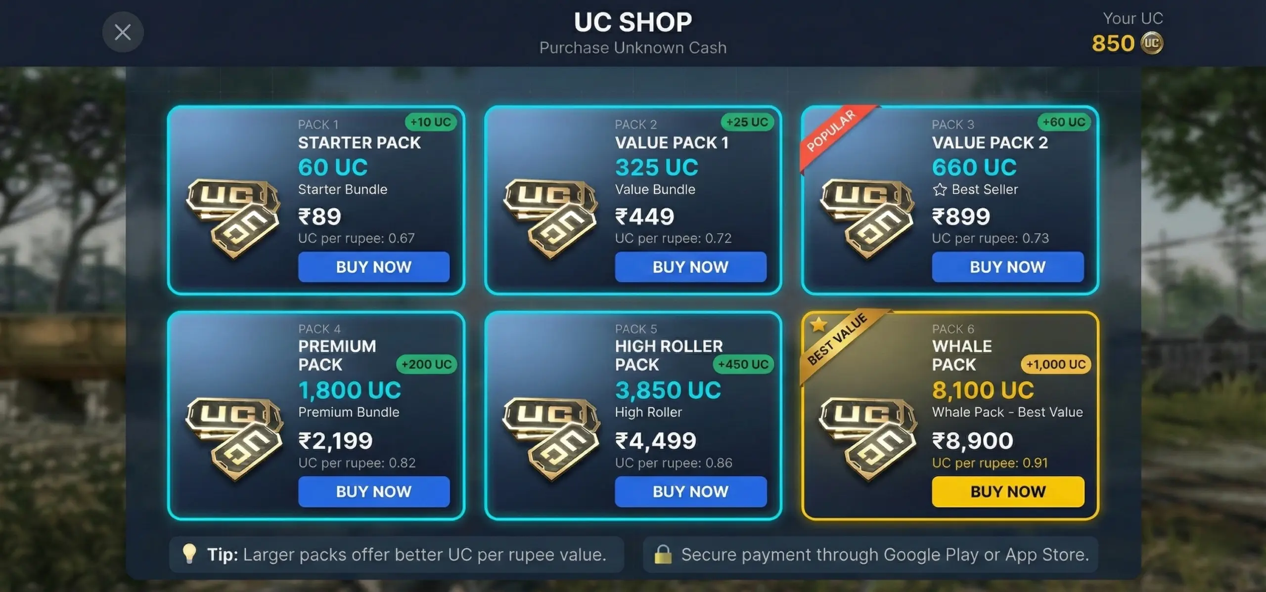 bgmi uc purchase screen showing UC packs in the in game store