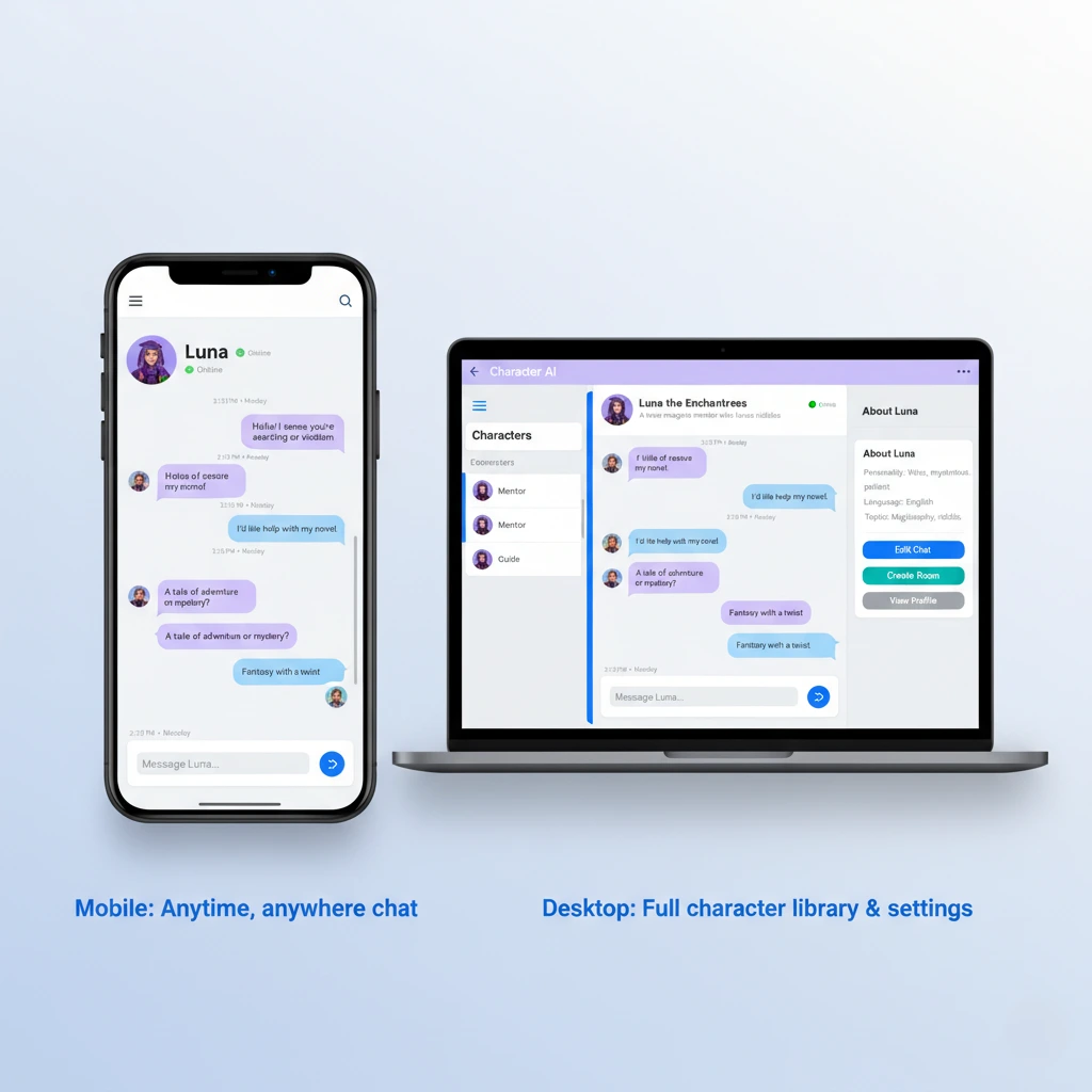 character ai chat app interface on phone and laptop