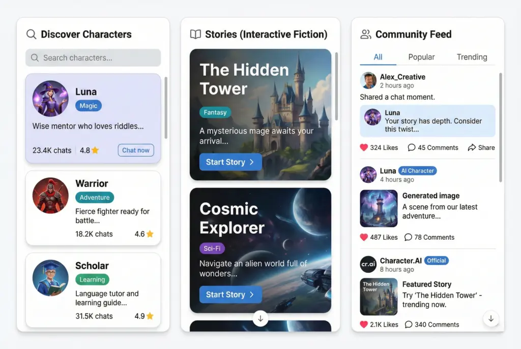 character ai characters feed stories and social features