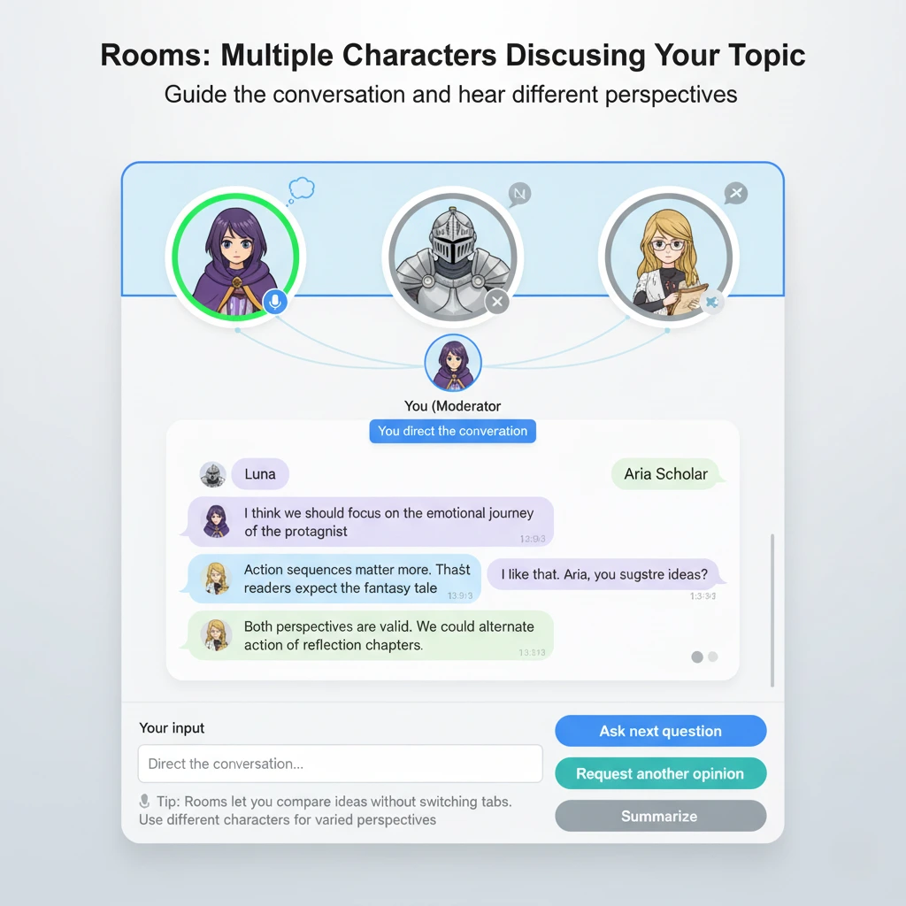 Multi character room with a guided conversation layout