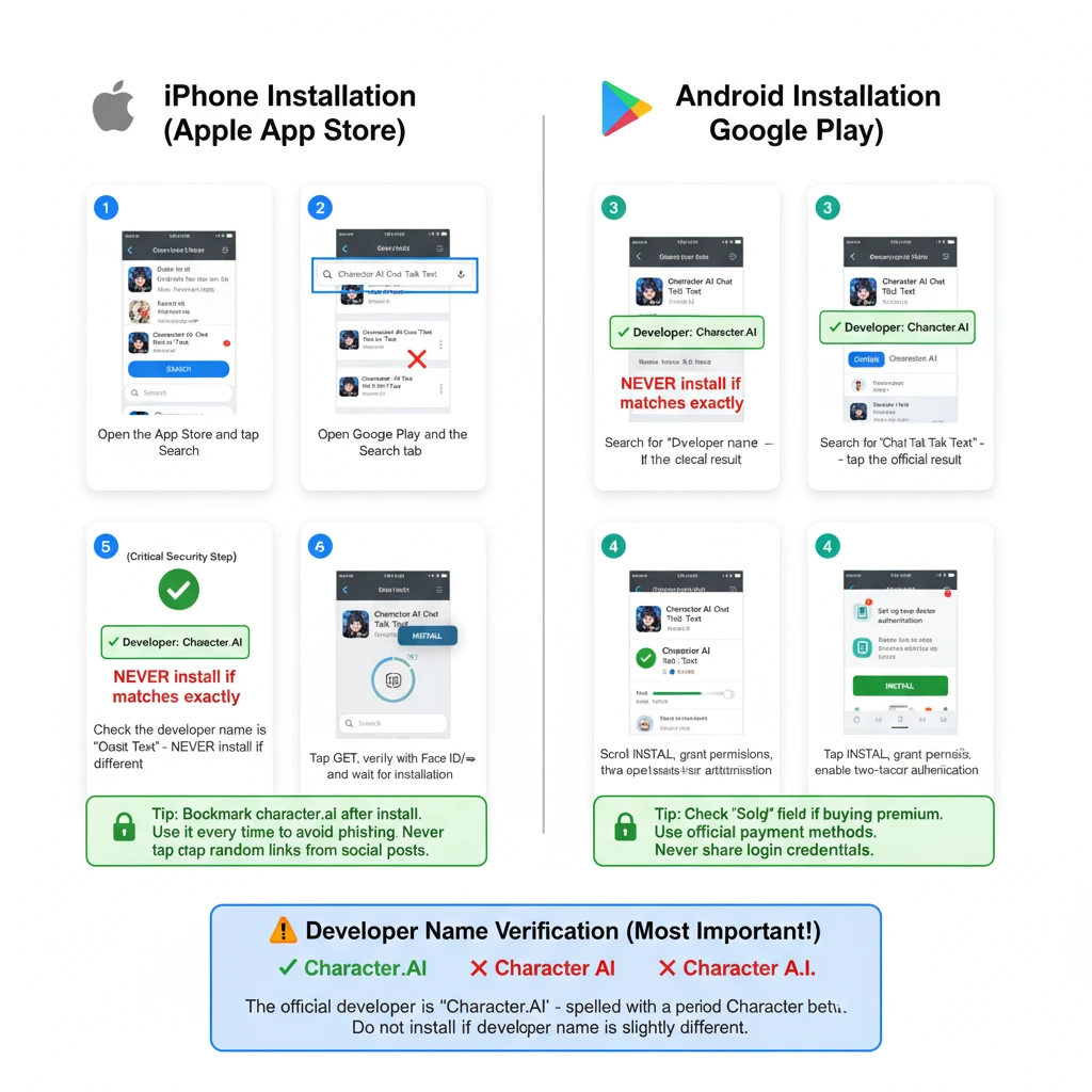 App install steps on iOS and Android with developer name check