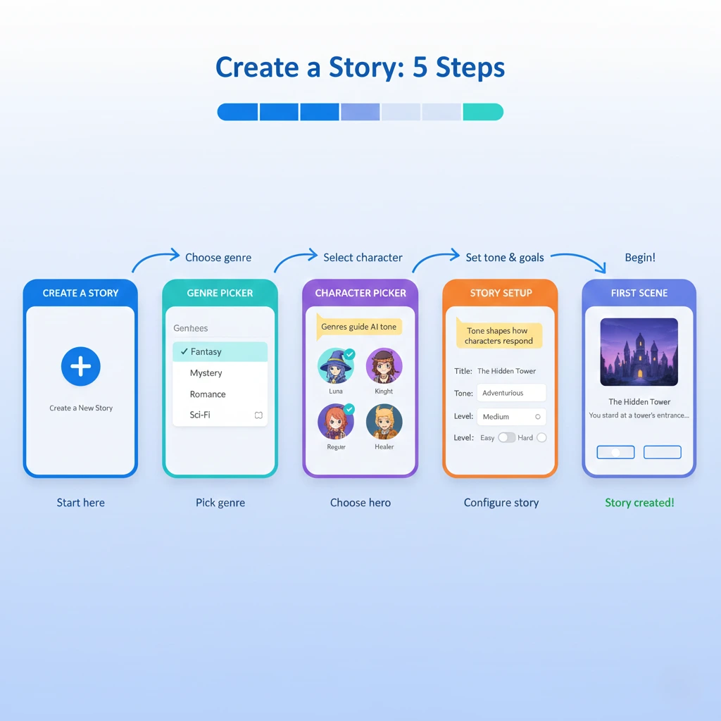 Stories builder flow with genre picker and character selection