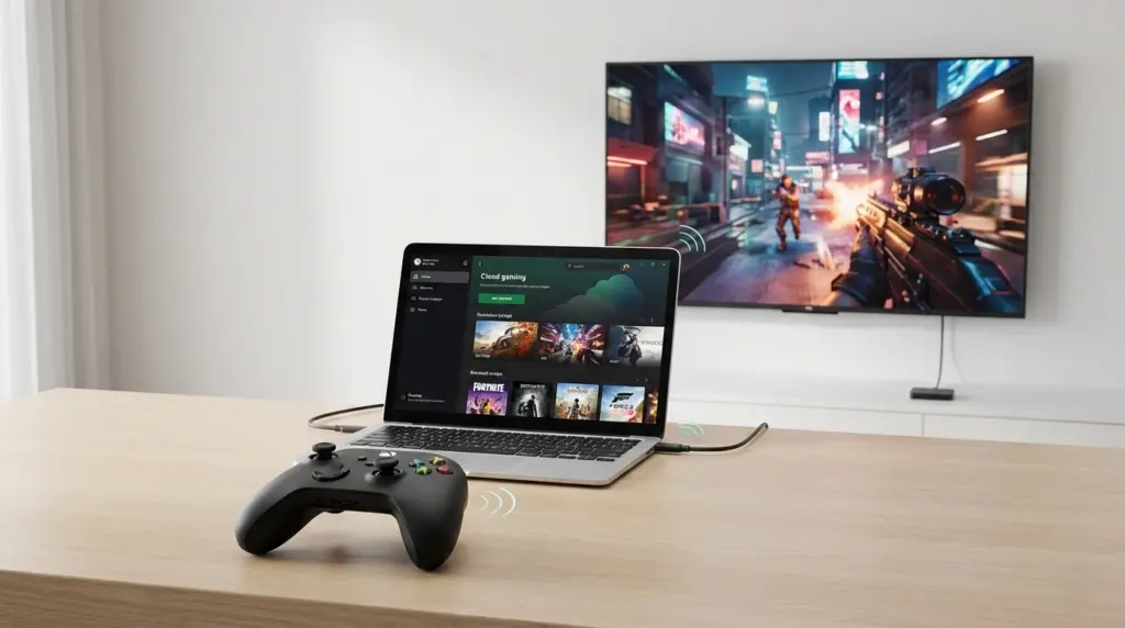 cloud gaming setup with controller laptop and TV