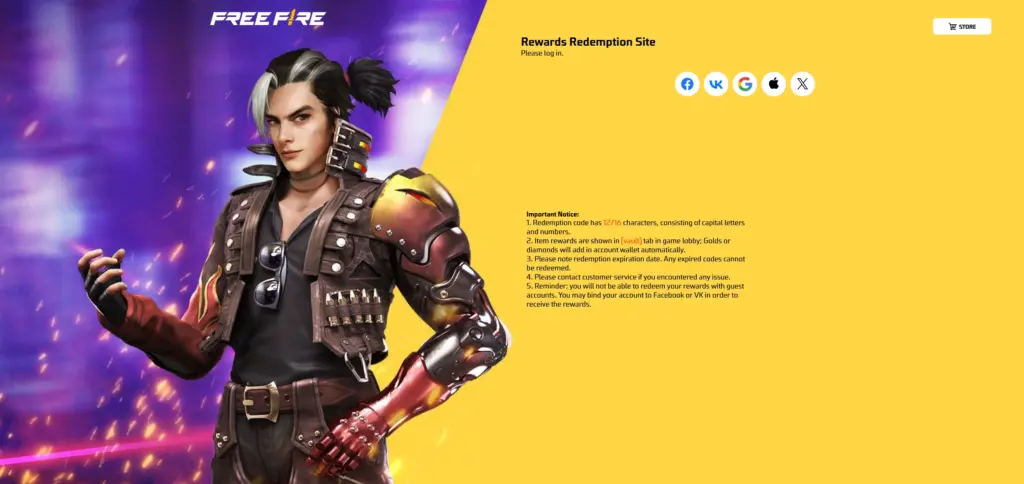 Free Fire redeem reward official website reward.ff.garena.com login screen