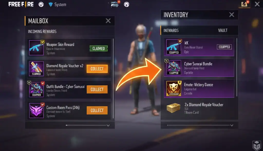 Free Fire redeem reward claimed successfully in the in-game mailbox