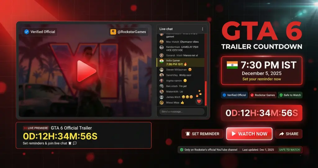 GTA 6 trailer countdown on Rockstar Games YouTube premiere page