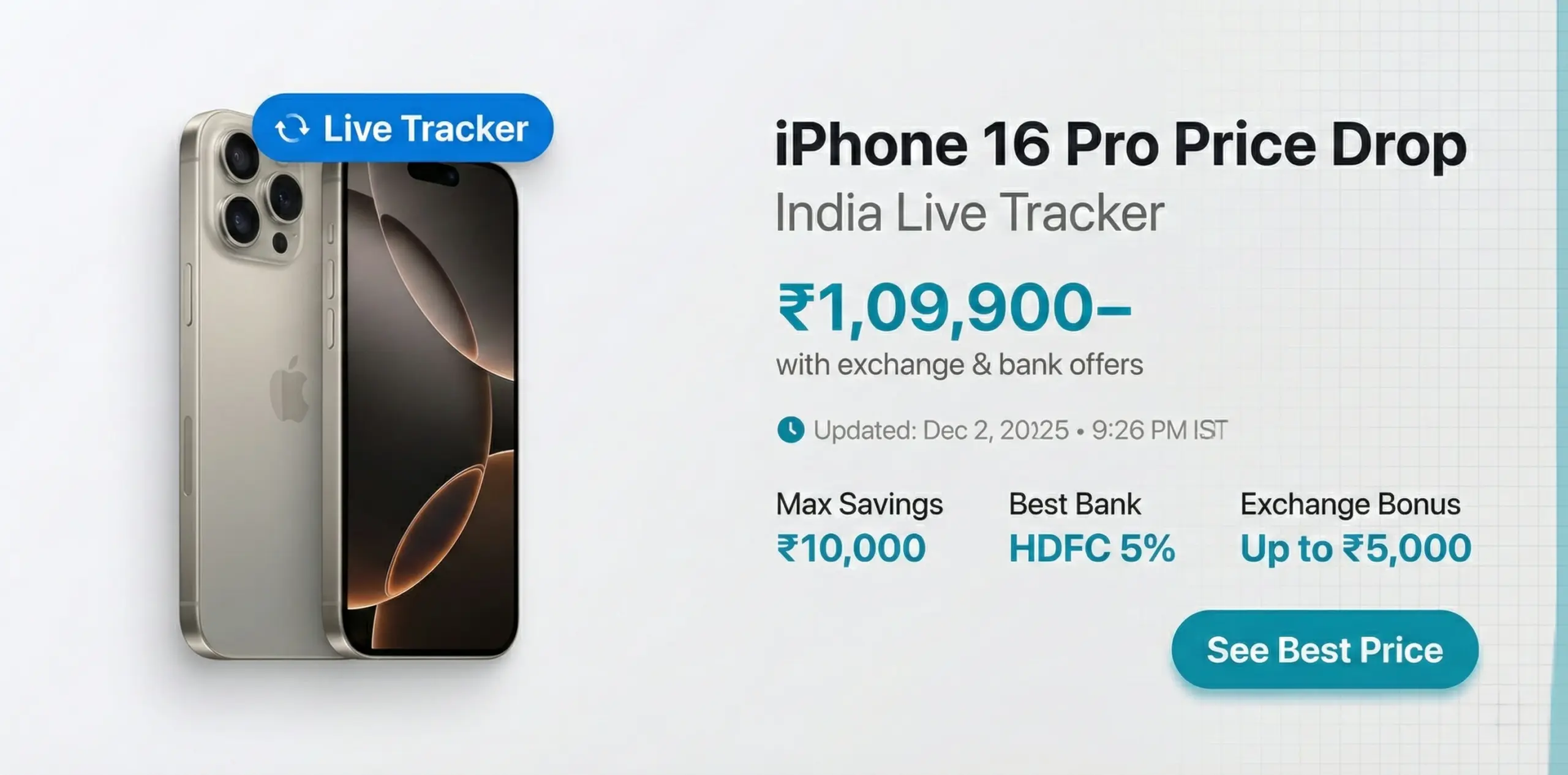 Hero banner for iPhone 16 Pro price drop in India live tracker