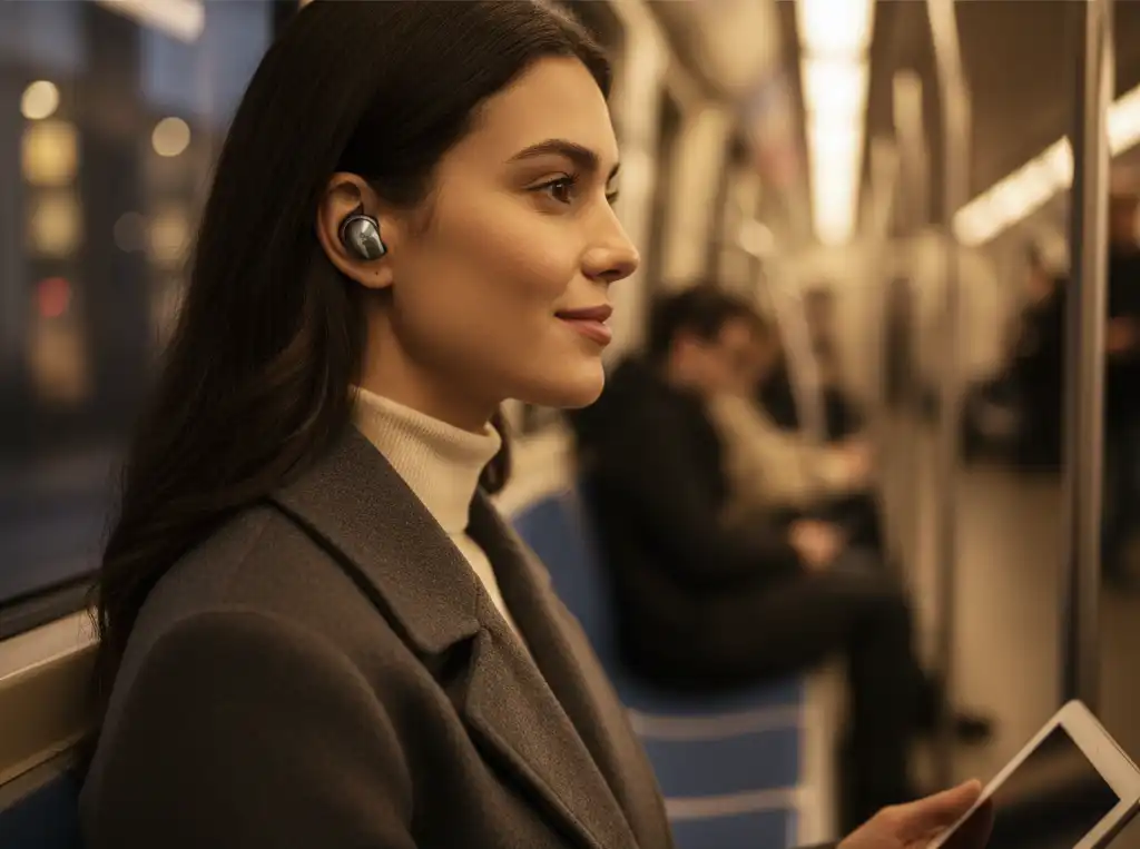 noise cancelling earbuds for commuting on a train