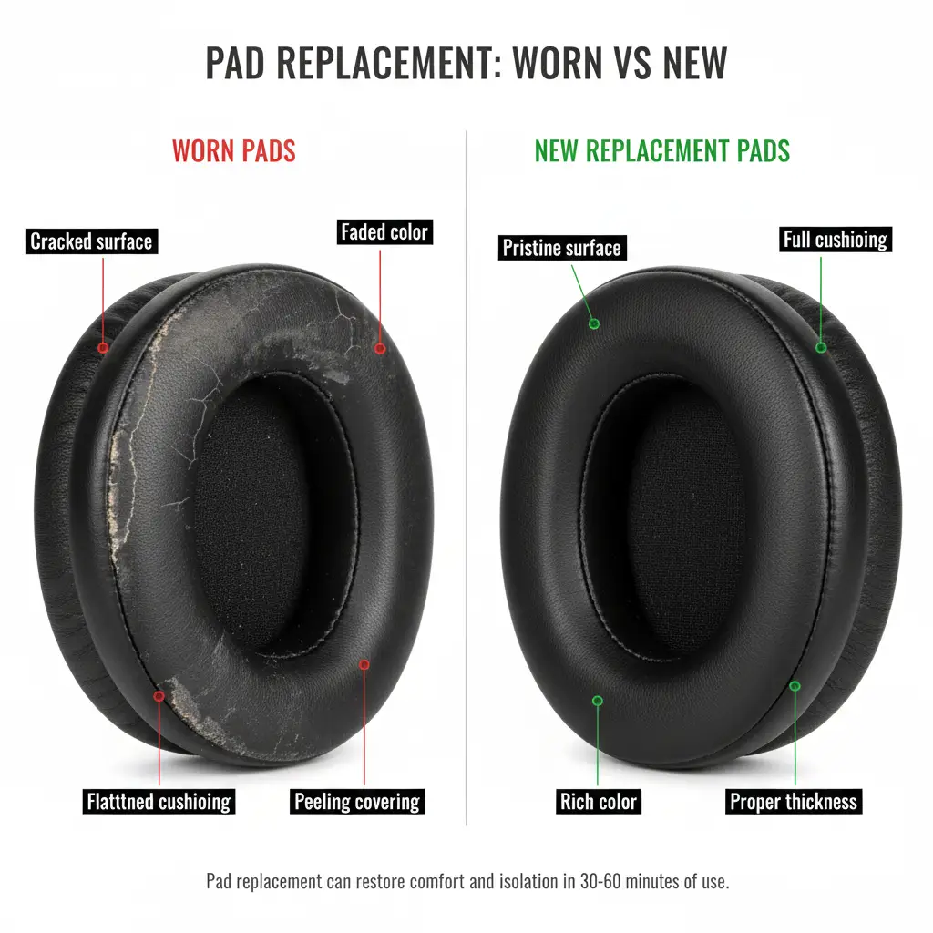 on ear headphones pad replacement example worn pad vs new pad