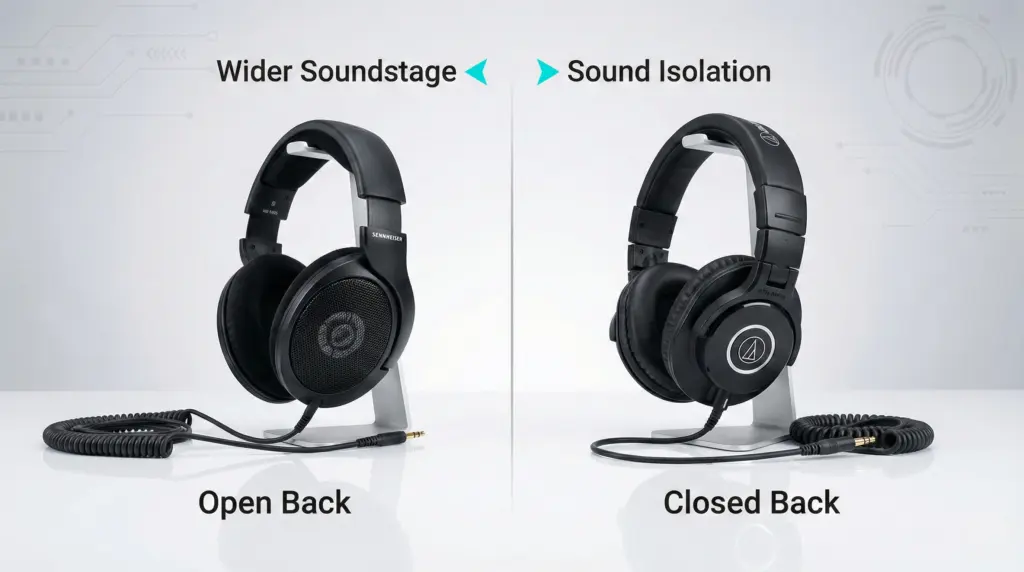 open back wired headphones and closed back wired headphones side by side