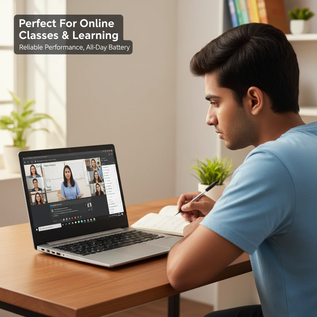 student using best laptop under 30000 in India for online classes