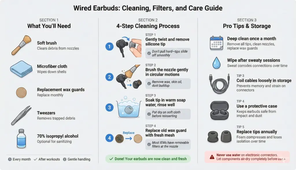 Cleaning filters and tips to keep wired earphones performing like new