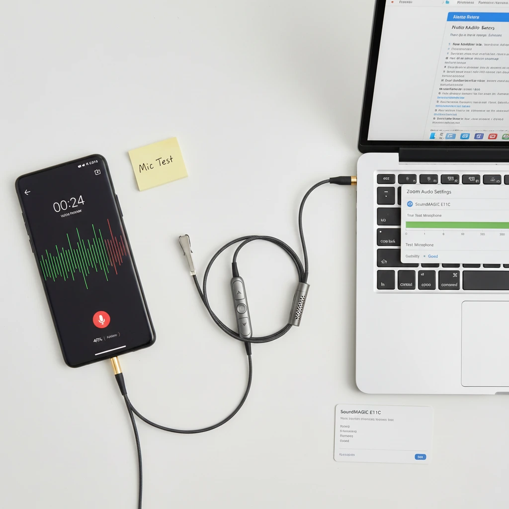testing best wired earbuds with mic on laptop and phone before a meeting
