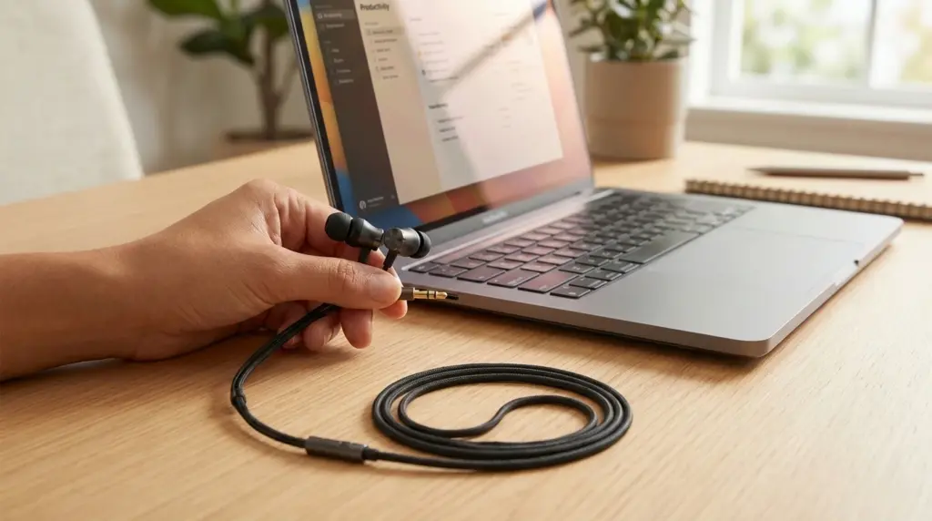 wired earbuds plugged into a laptop for zero lag audio