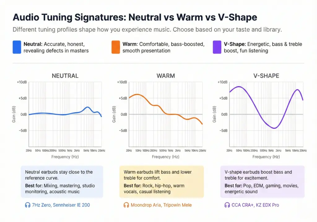 Neutral, warm and V-shape tuning styles compared on a simple diagram