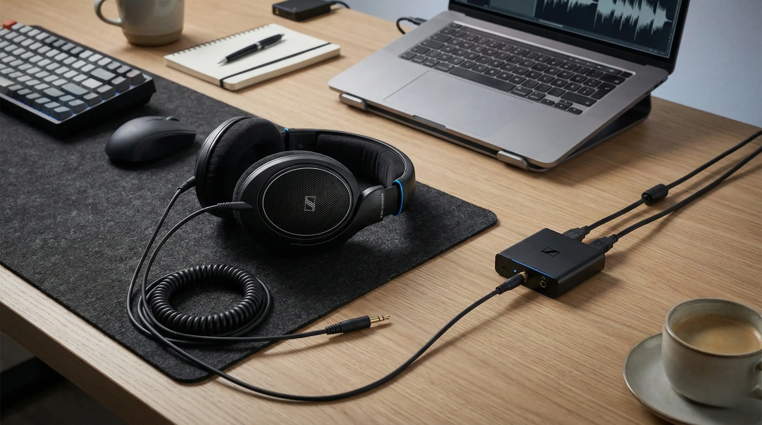 wired headphones on desk next to DAC and laptop