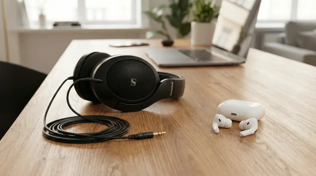 wired headphones and wireless earbuds on a table for comparison