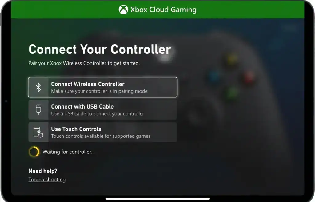 xbox cloud gaming setup screen showing controller connection prompt