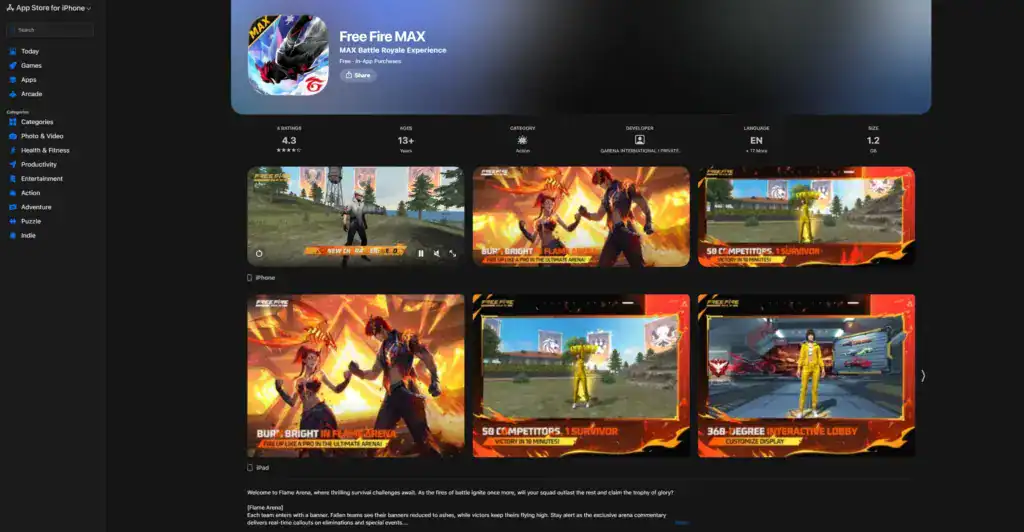 Free Fire MAX official app listing on iOS App Store for Indian players
