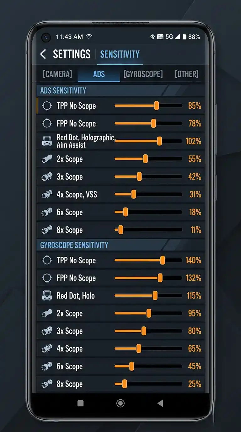 best BGMI sensitivity settings 2026 - in-game ADS and gyro settings screen