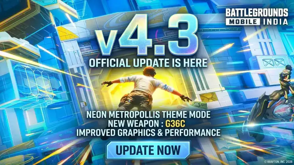 BGMI 4.3 update 2026 - official update splash screen on Android
