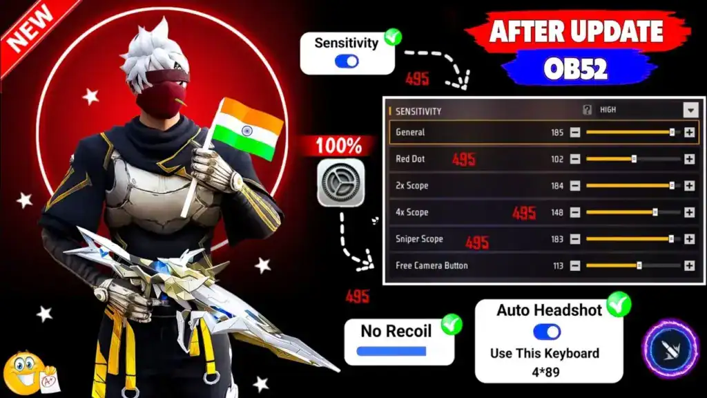 free fire MAX sensitivity settings 2026 - sensitivity menu screen OB52 build