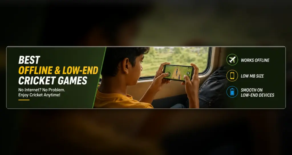Student playing an offline cricket game on a low-end Android phone while travelling in India