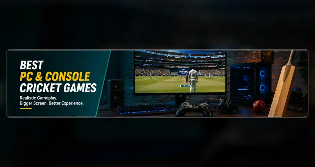 PC gaming setup showing a realistic cricket video game with controller and stadium scene