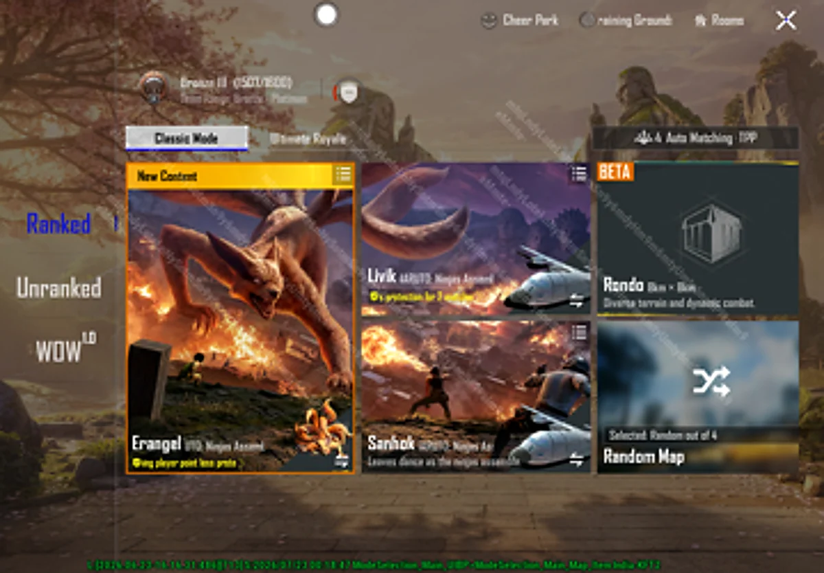 BGMI 4.5 update download theme mode selection screen with Erangel Nine Tails mode